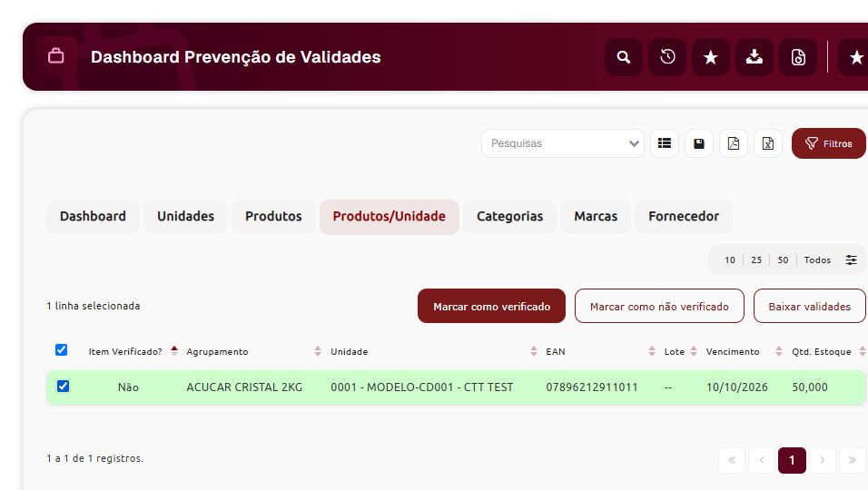 Seleção de uma validade na aba Produtos/Unidade, com os comandos de verificação e Baixar validades disponíveis.